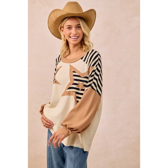 BiBi Star Patchwork Mixed Round Neck Long Sleeves Oversized Sweatshirt | Oatmeal - Picture 4 of 10